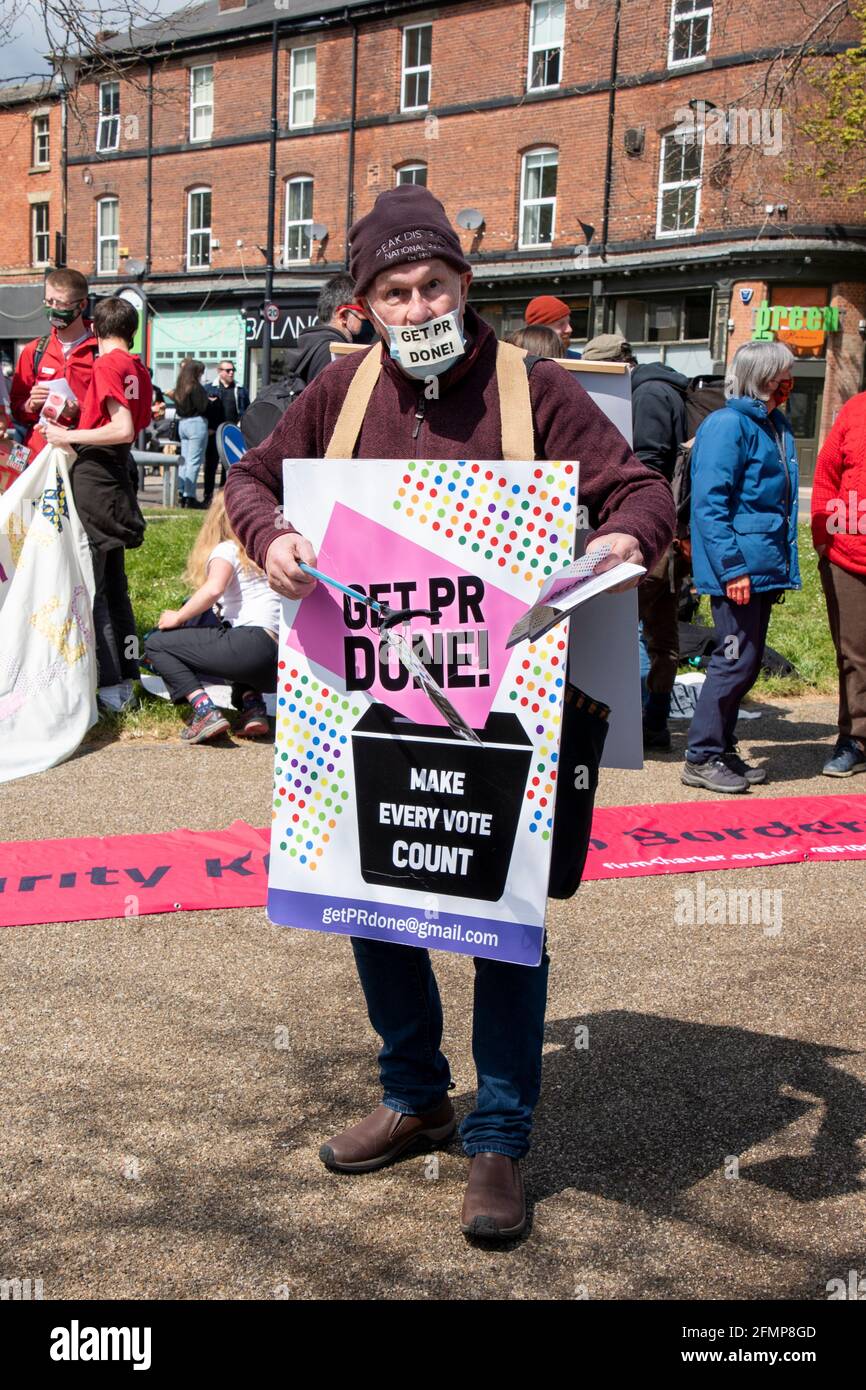 Sheffield, UK: 1st May 2021 : Get PR Done campaigner at the International Day of Workers and Kill the Bill protest, Devonshire Green Stock Photo