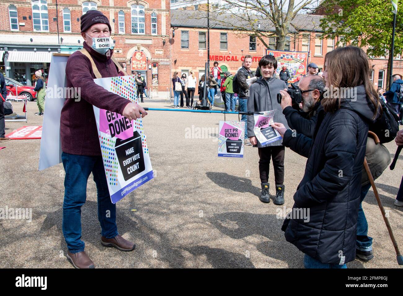 Sheffield, UK: 1st May 2021 : Get PR Done campaigner at the International Day of Workers and Kill the Bill protest, Devonshire Green Stock Photo