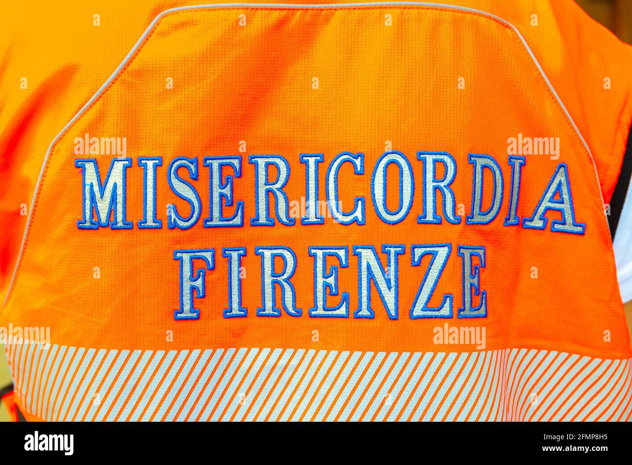 FLORENCE, ITALY - Aug 24, 2020: Florence, Toscana/Italy - 24.08.2020: Protective vest from Misericordia Firenze, a protection organization to help peo Stock Photo