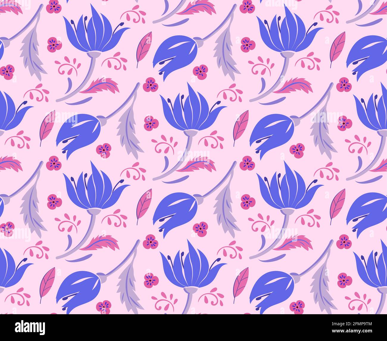 Blue flower on pink background. Seamless pattern. Vector floral bright pattern for wrapping paper, fabric, cloth, cover. Vector illustration. Stock Vector