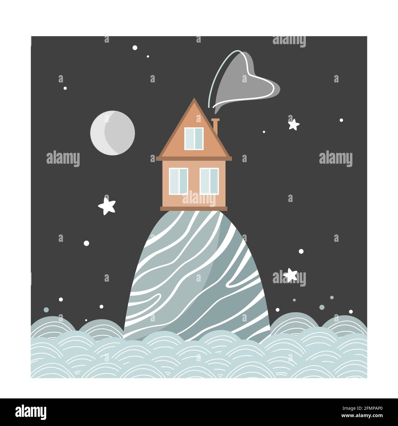 Stylish card with cartoon house on the hill at night, Scandinavian style. Vector illustration isolated on white Stock Vector