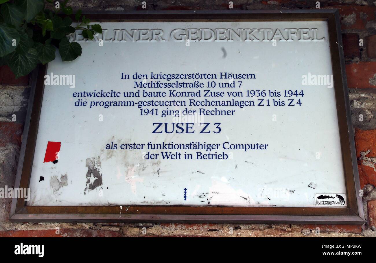 Berlin, Germany. 11th May, 2021. A commemorative plaque for the world's first working computer hangs on the ruins of an apartment building at Methfesselstraße 7 in Berlin-Kreuzberg. In his parents' living room, Konrad Zuse developed a calculating machine that would automatically handle the tedious calculations of structural engineers. It was the forerunner of the world's first functioning digital computer. This first functional computer, the Z3, was first put into operation exactly 80 years ago - on May 12, 1941. Credit: Wolfgang Kumm/dpa/Alamy Live News Stock Photo