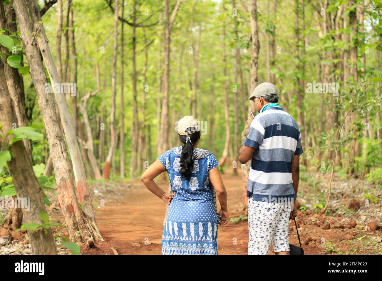 Backside view of a middle aged couple (40-45 yrs) discussing about a topic and looking towards each other inside a forest Stock Photo