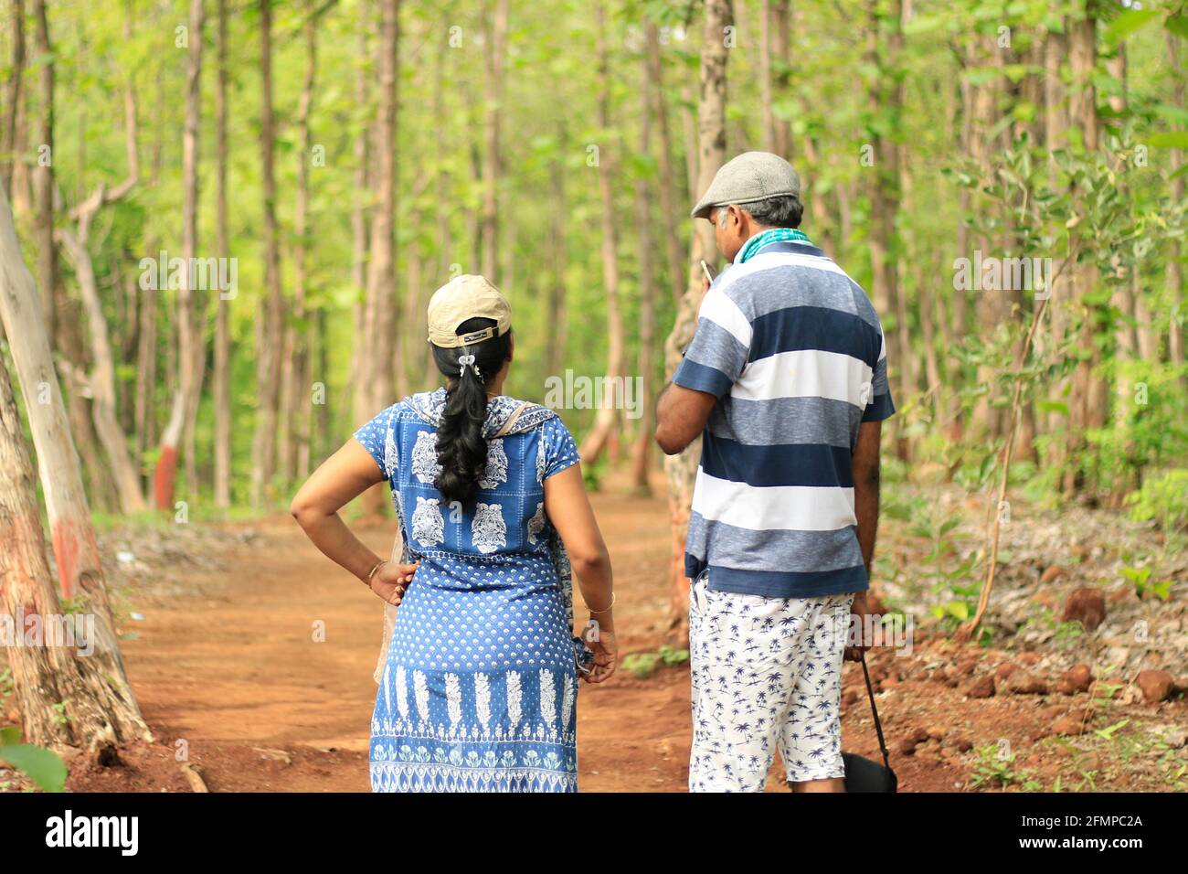 Backside view of a middle aged couple (40-45 yrs) discussing about a topic and looking towards each other inside a forest Stock Photo