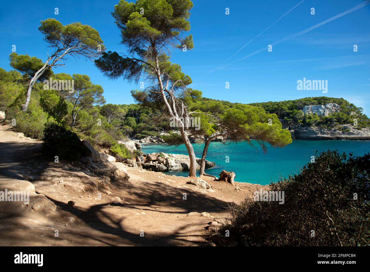 looking through the trees at cala mitjanetta and the swimmers at cala mitjana on menorca spain Stock Photo