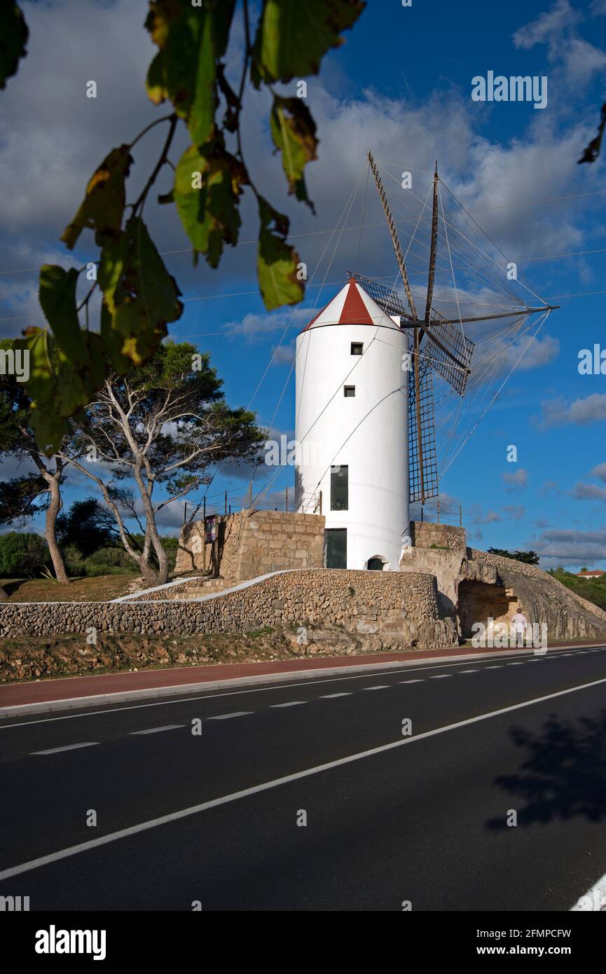One of the old restored windmills at es Castell menorca Stock Photo