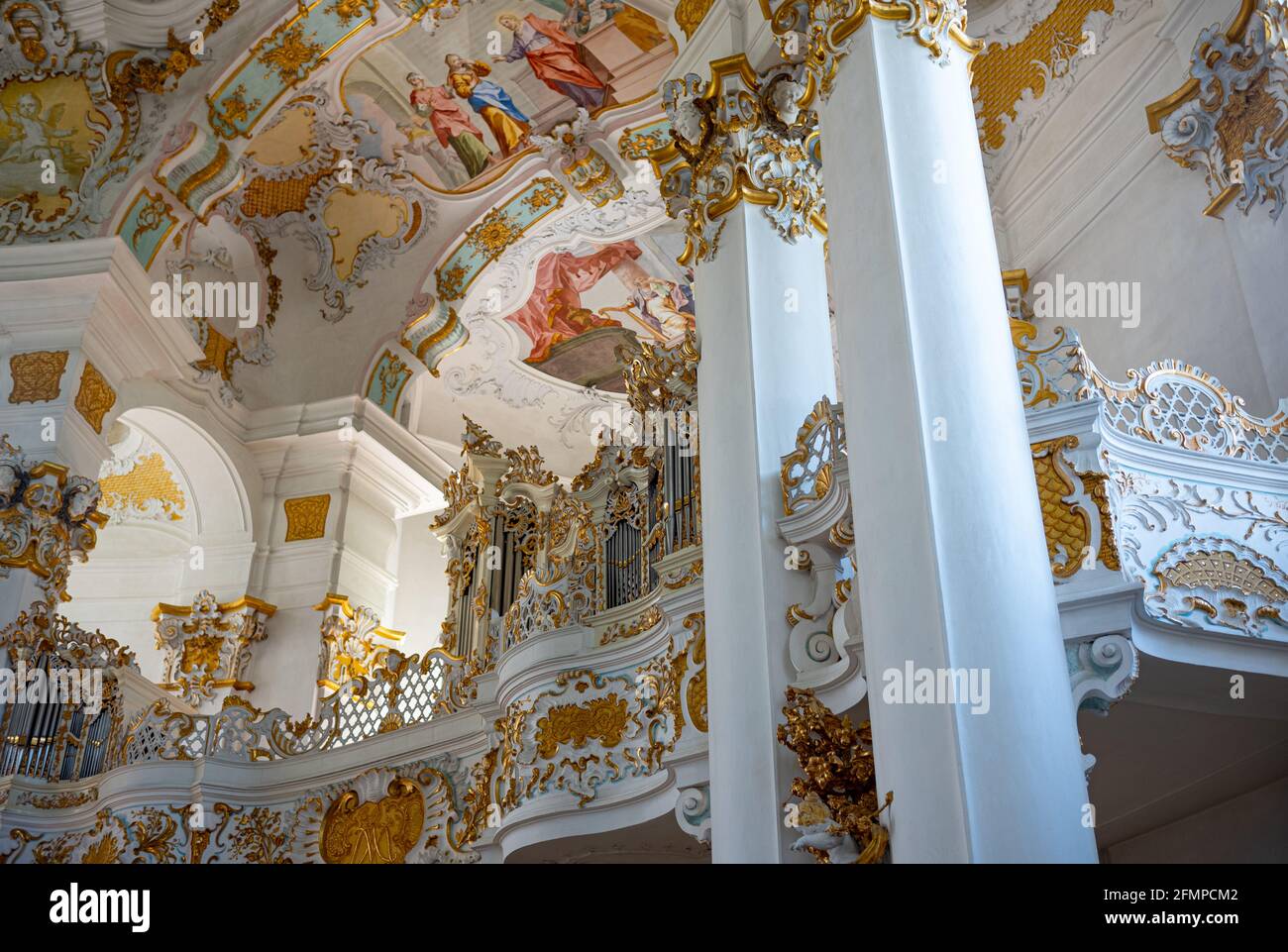 Wies, Germany, Bavarian lander, frescoes and golden decorations in the interor of the Pilgrimage Church of the Scourged Saviour Stock Photo