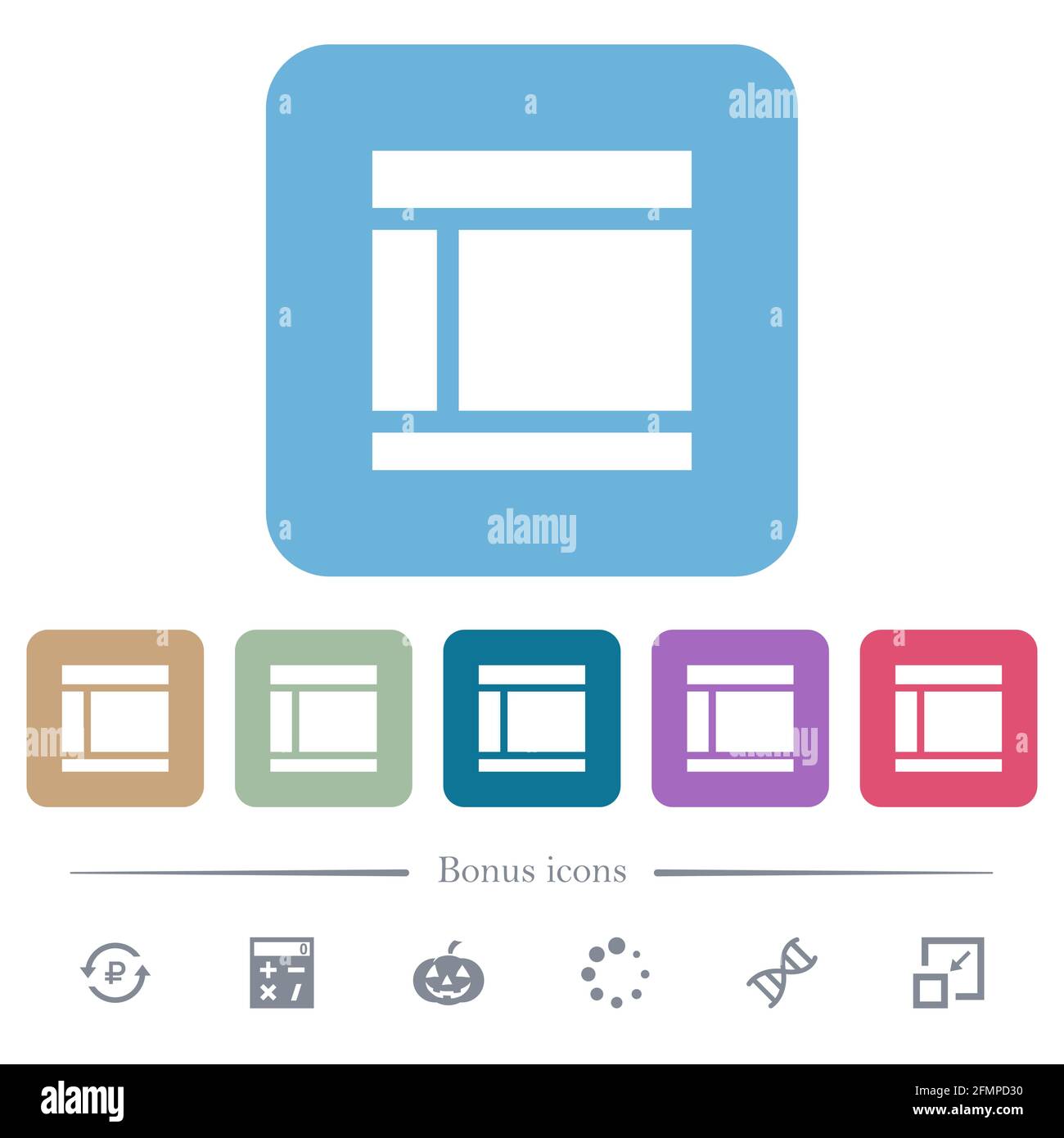 Two columned web layout white flat icons on color rounded square ...