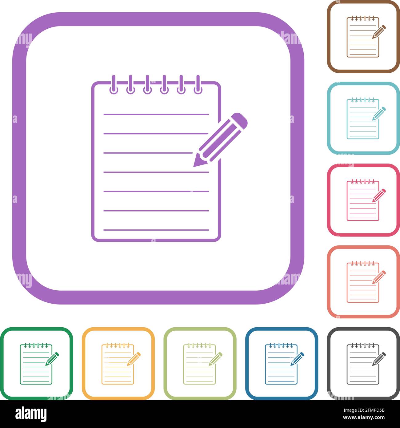 Spiral notepad with pencil simple icons in color rounded square frames on white background Stock Vector