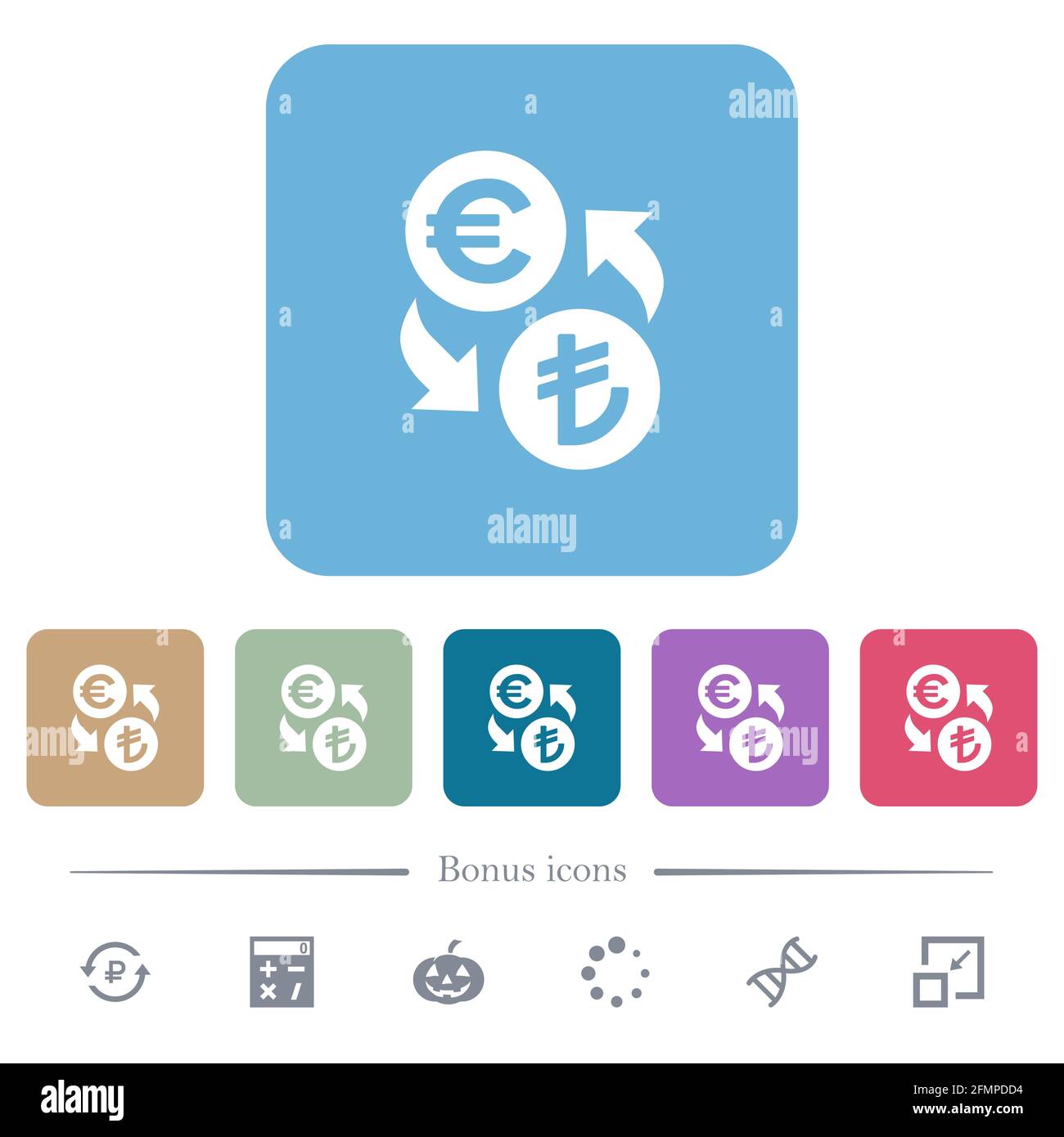 Euro Lira money exchange white flat icons on color rounded square ...