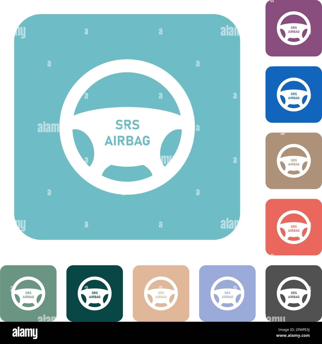 Steering wheel airbag white flat icons on color rounded square backgrounds Stock Vector