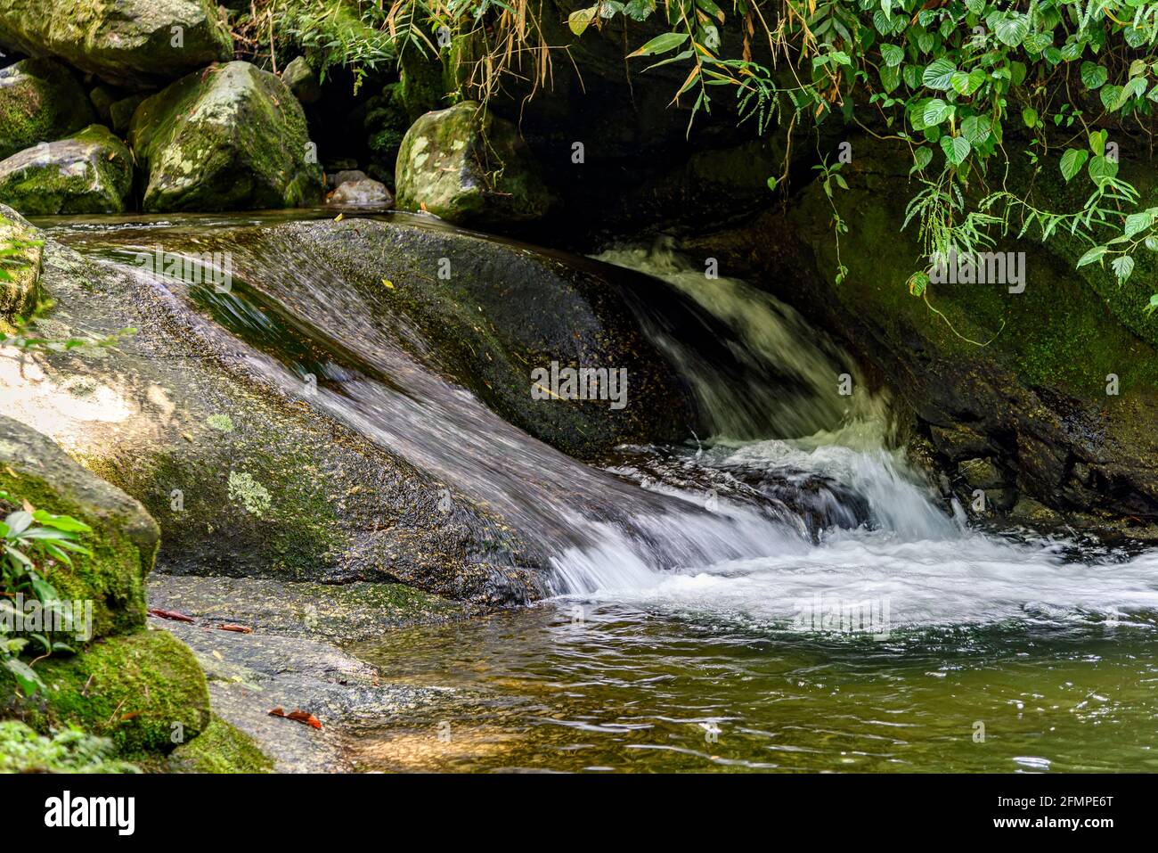 Small cascade among the vegetation of the tropical forest in its natural state in the region of Itatiaia in the state of Rio de Janeiro, Brazil Stock Photo