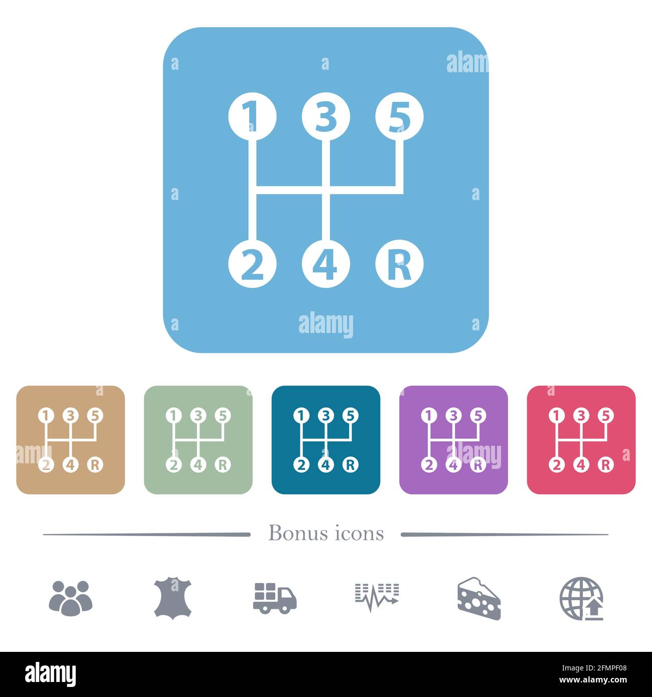 five speed manual gear shift white flat icons on color rounded square