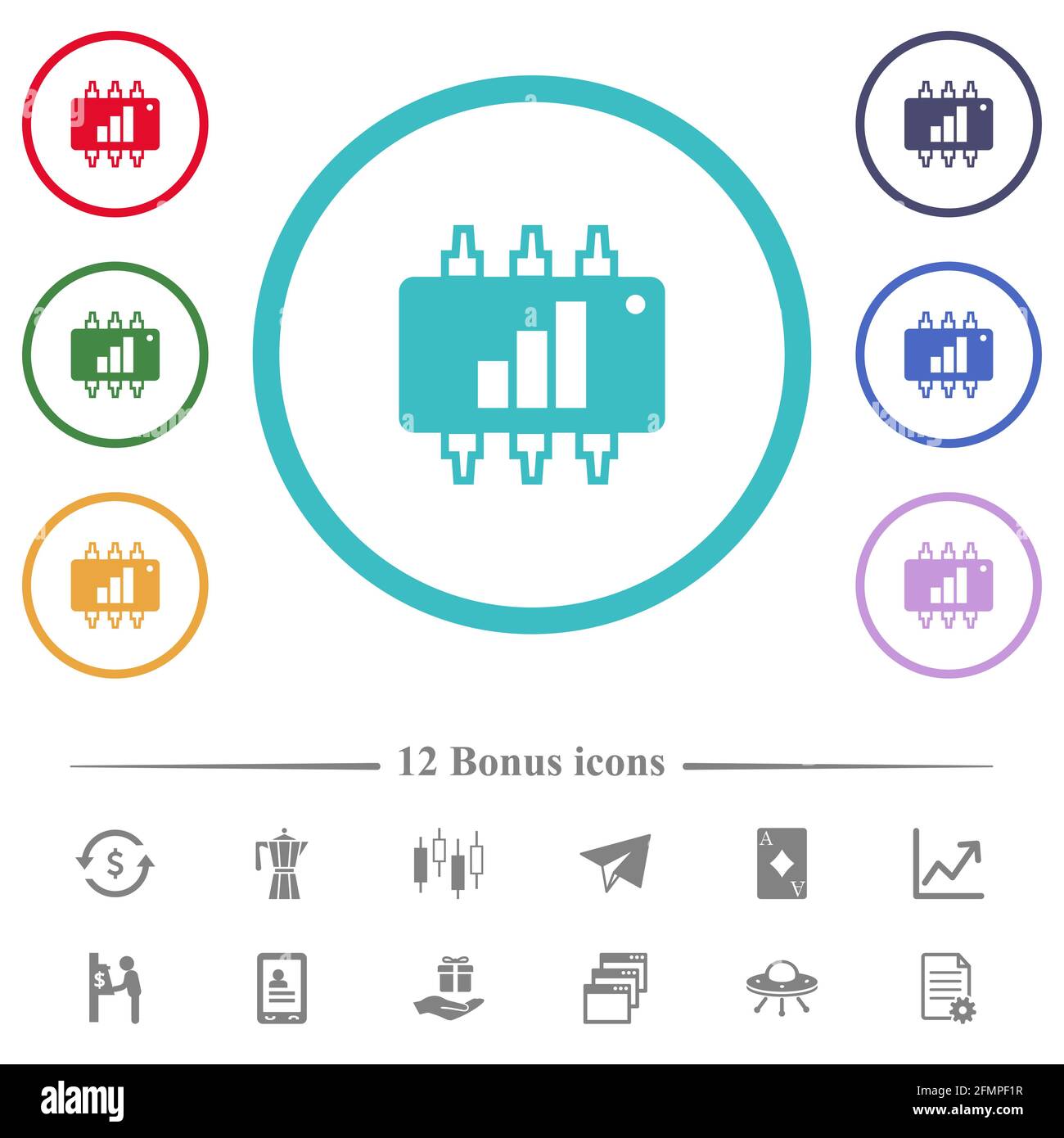 Hardware acceleration flat color icons in circle shape outlines. 12