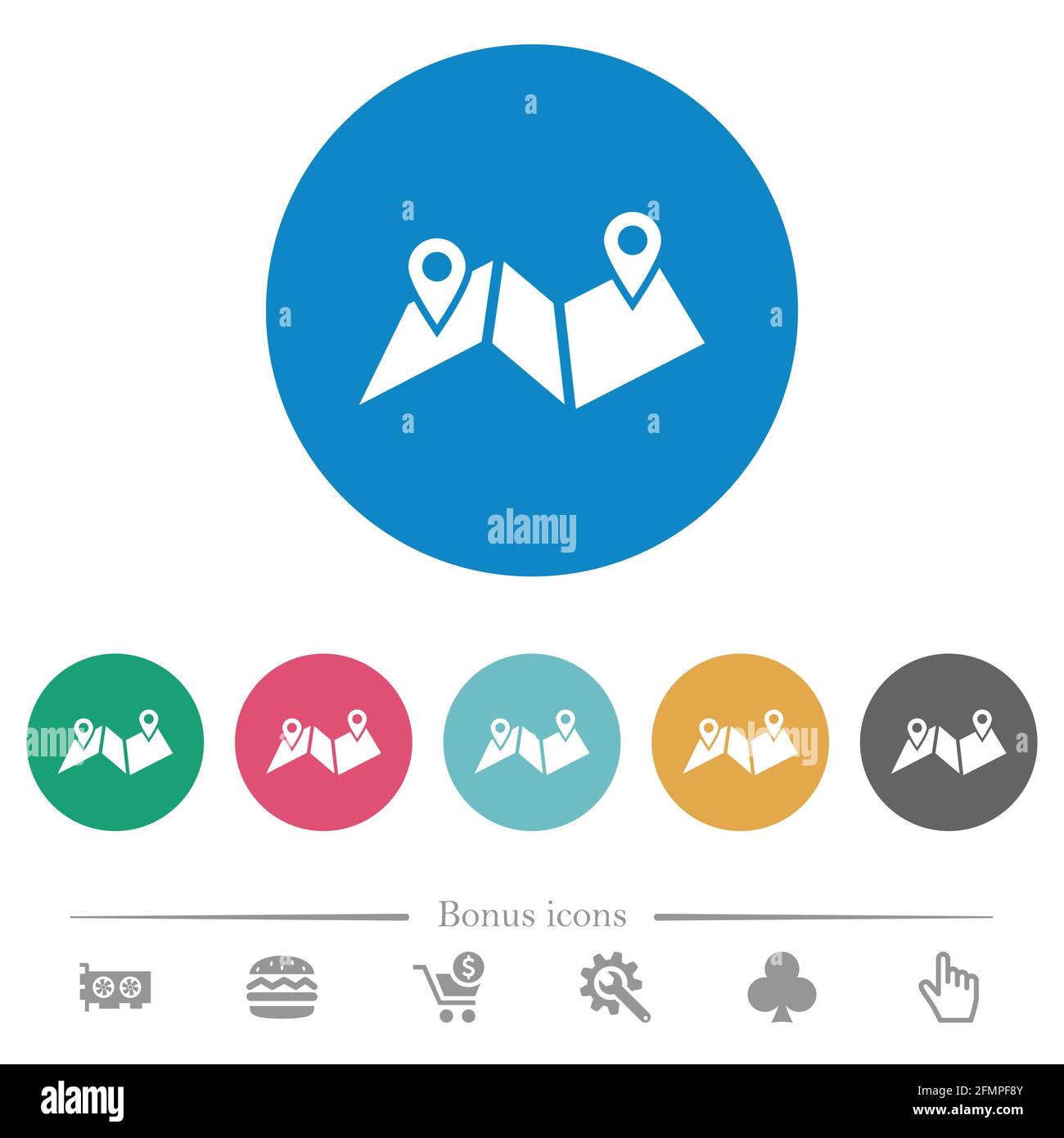 Route plan flat white icons on round color backgrounds. 6 bonus icons ...