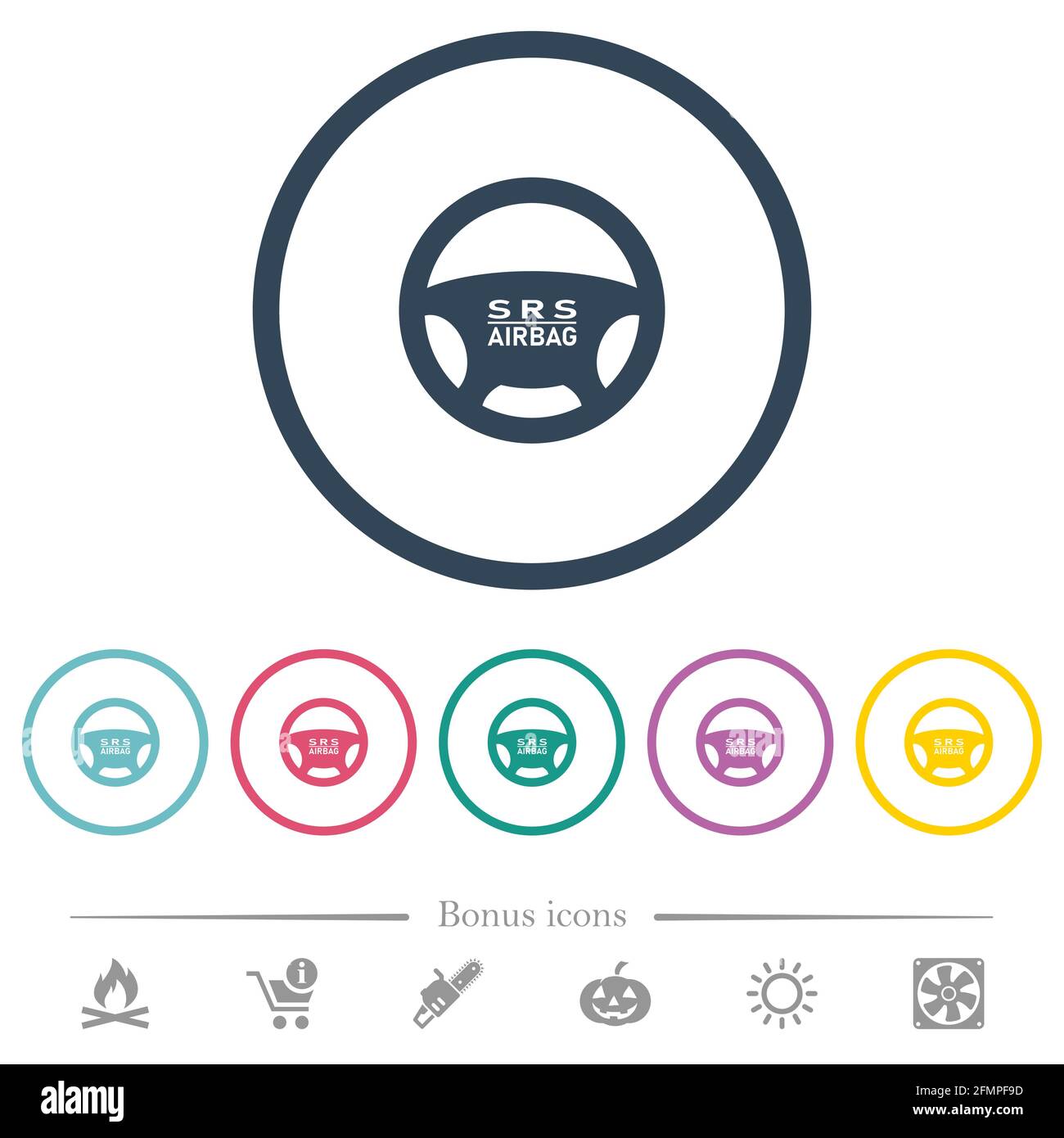 Steering wheel airbag flat color icons in round outlines. 6 bonus icons included. Stock Vector