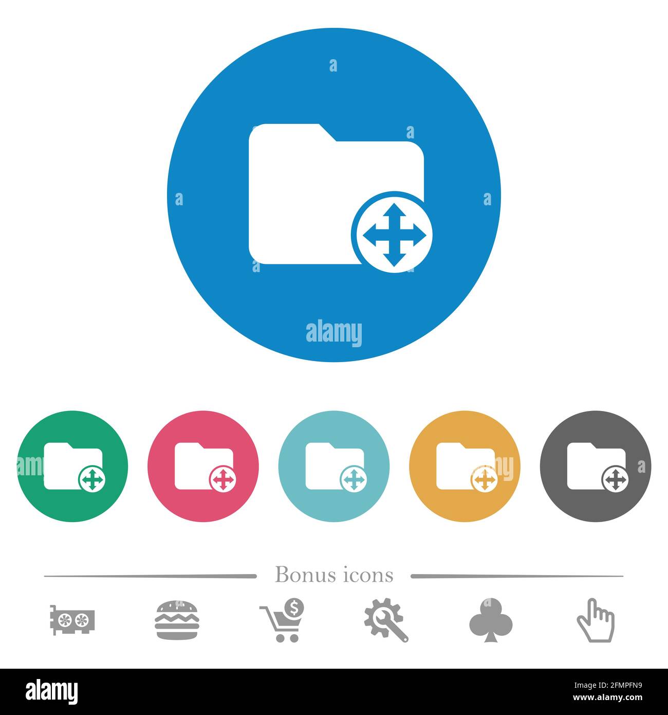 Move directory flat white icons on round color backgrounds. 6 bonus ...