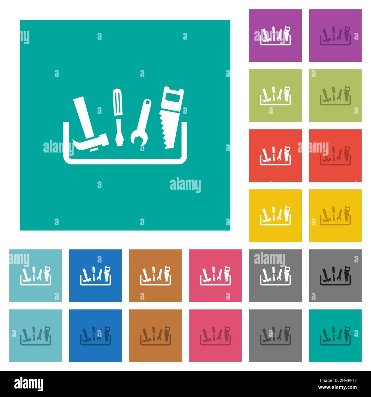 Toolbox multi colored flat icons on plain square backgrounds. Included white and darker icon variations for hover or active effects. Stock Vector