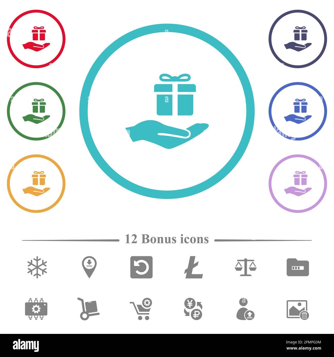 Gifting flat color icons in circle shape outlines. 12 bonus icons ...