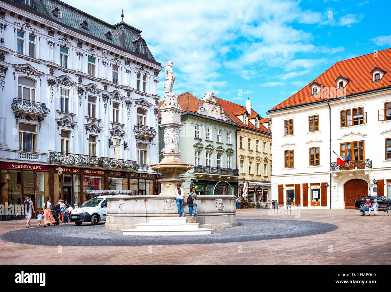 Bratislava, Slovakia, The Maximilian fountain in the cemtral Hlavne square Stock Photo