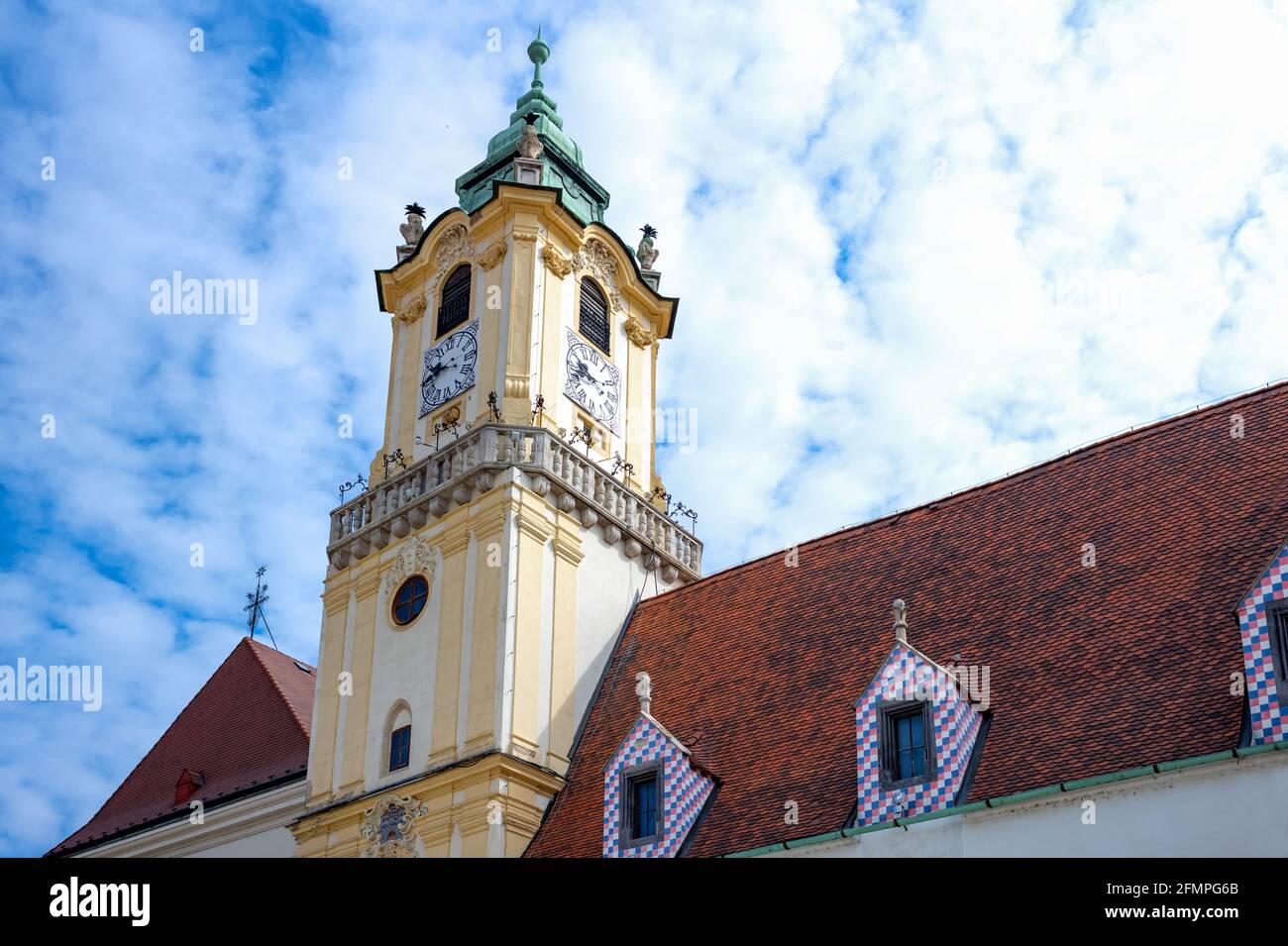 Bratislava, Slovakia, upward view of the clock tower of the old Town Hall in the cemtral Hlavne square Stock Photo