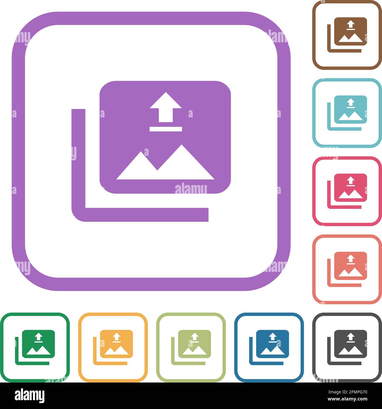 Upload multiple images simple icons in color rounded square frames on