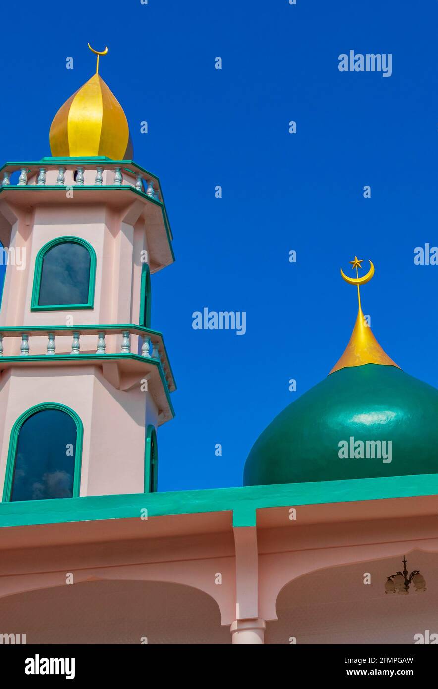 Turquoise and gold Thalang Mosque Lil Abidin Mosque architecture in Sakhu Phuket Thailand. Stock Photo