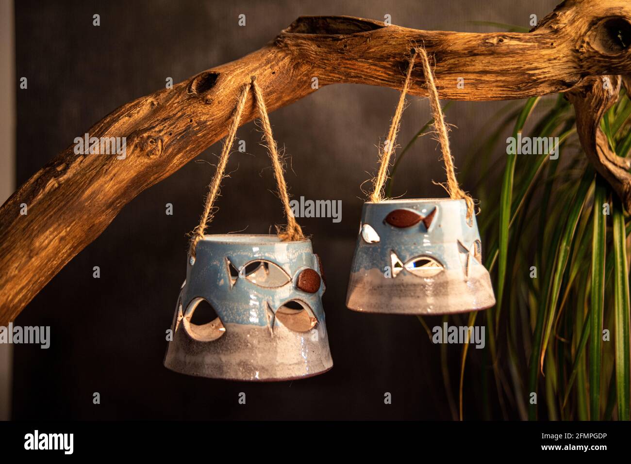 candles with ceramic blue holders Stock Photo