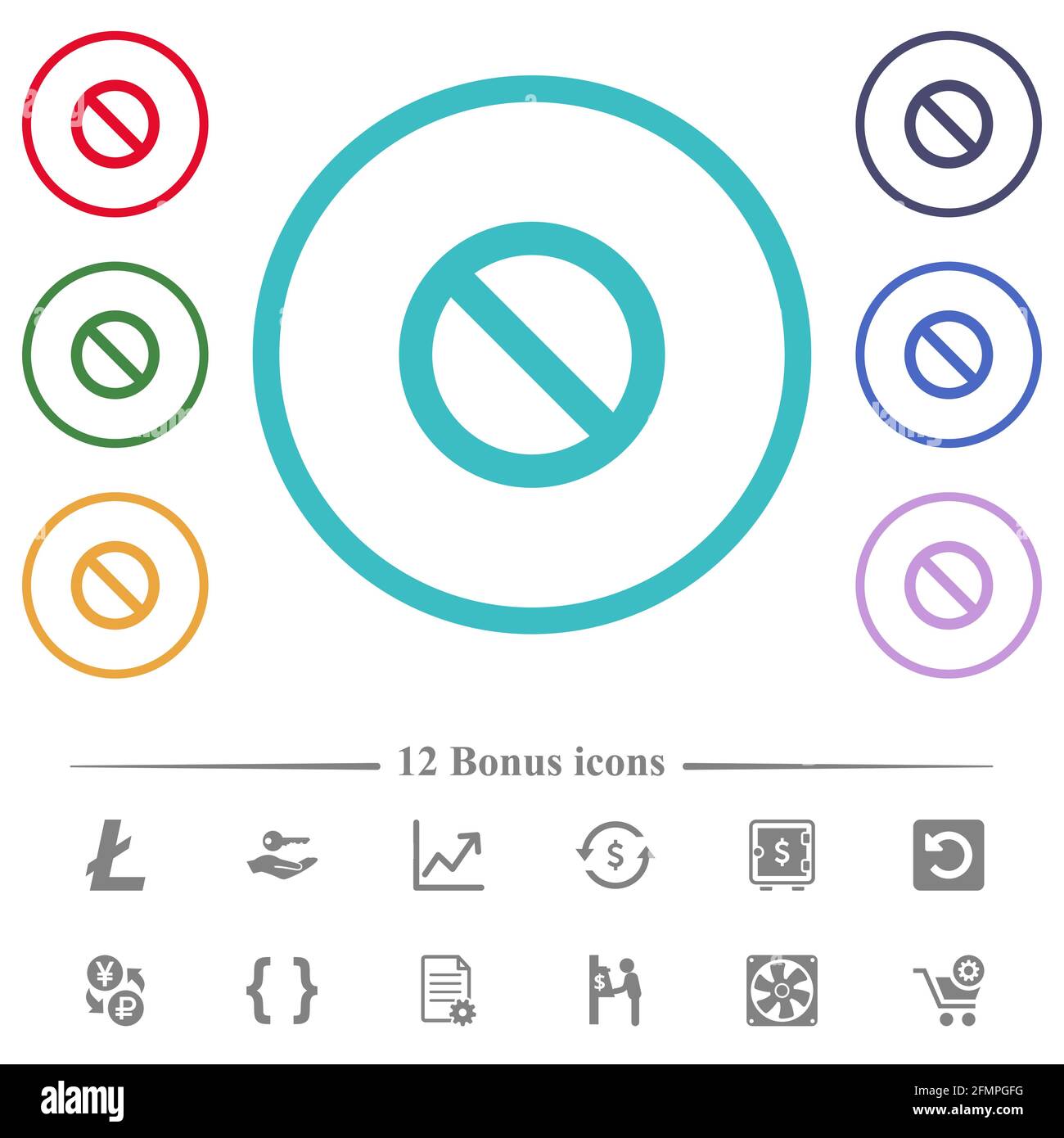 Blocked flat color icons in circle shape outlines. 12 bonus icons ...