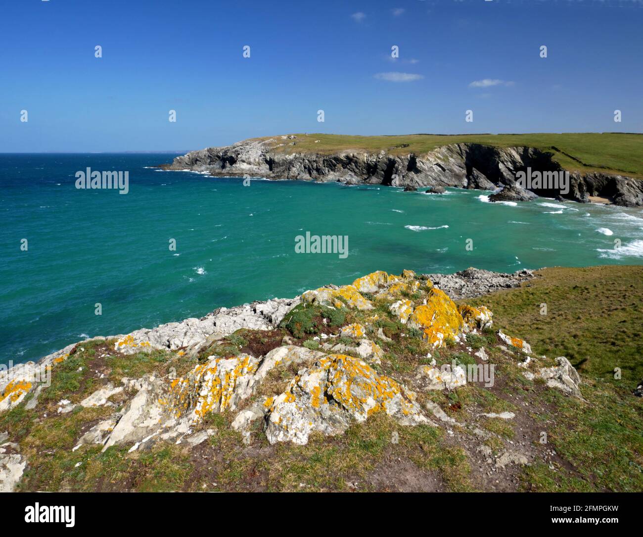 Porth or Polly Joke beach and West Pentire Head, Newquay, Cornwall. Stock Photo