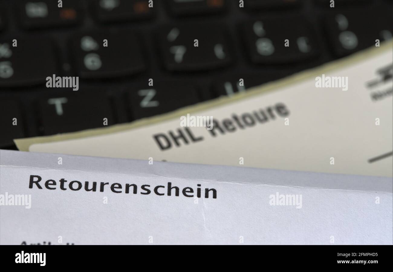 Hildesheim, Germany - May 06, 2021: letters on a computer keyboard with the  words DHL Retoure and Retourenschein,meaning a document to send back order  Stock Photo - Alamy