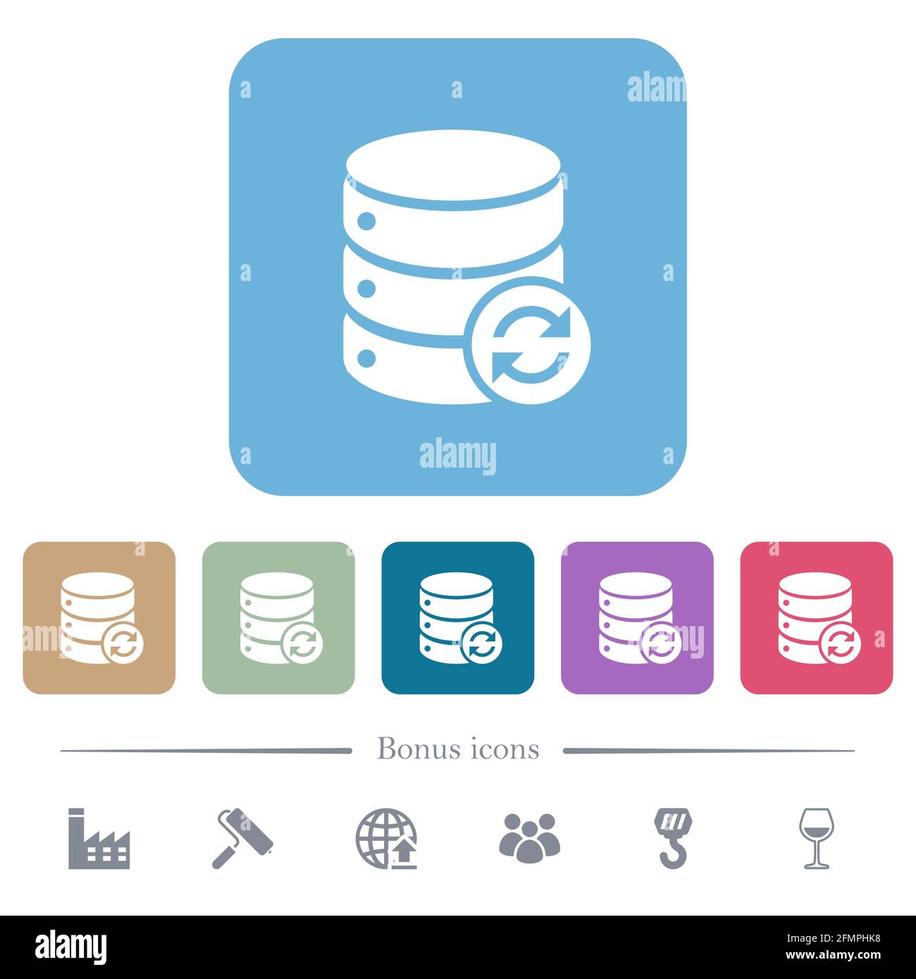 Syncronize database white flat icons on color rounded square ...