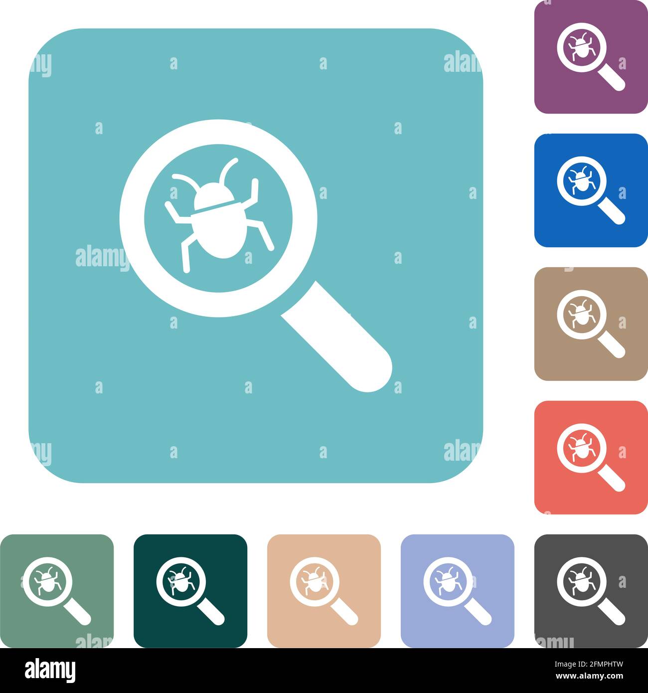 Bug tracking white flat icons on color rounded square backgrounds Stock Vector