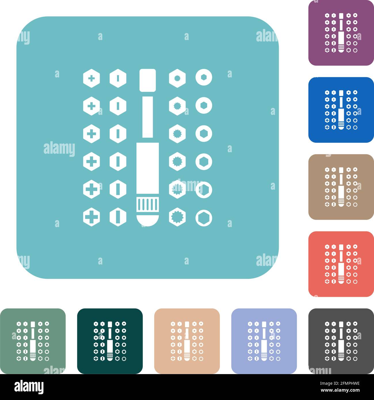 Set of screwdriver bits white flat icons on color rounded square ...