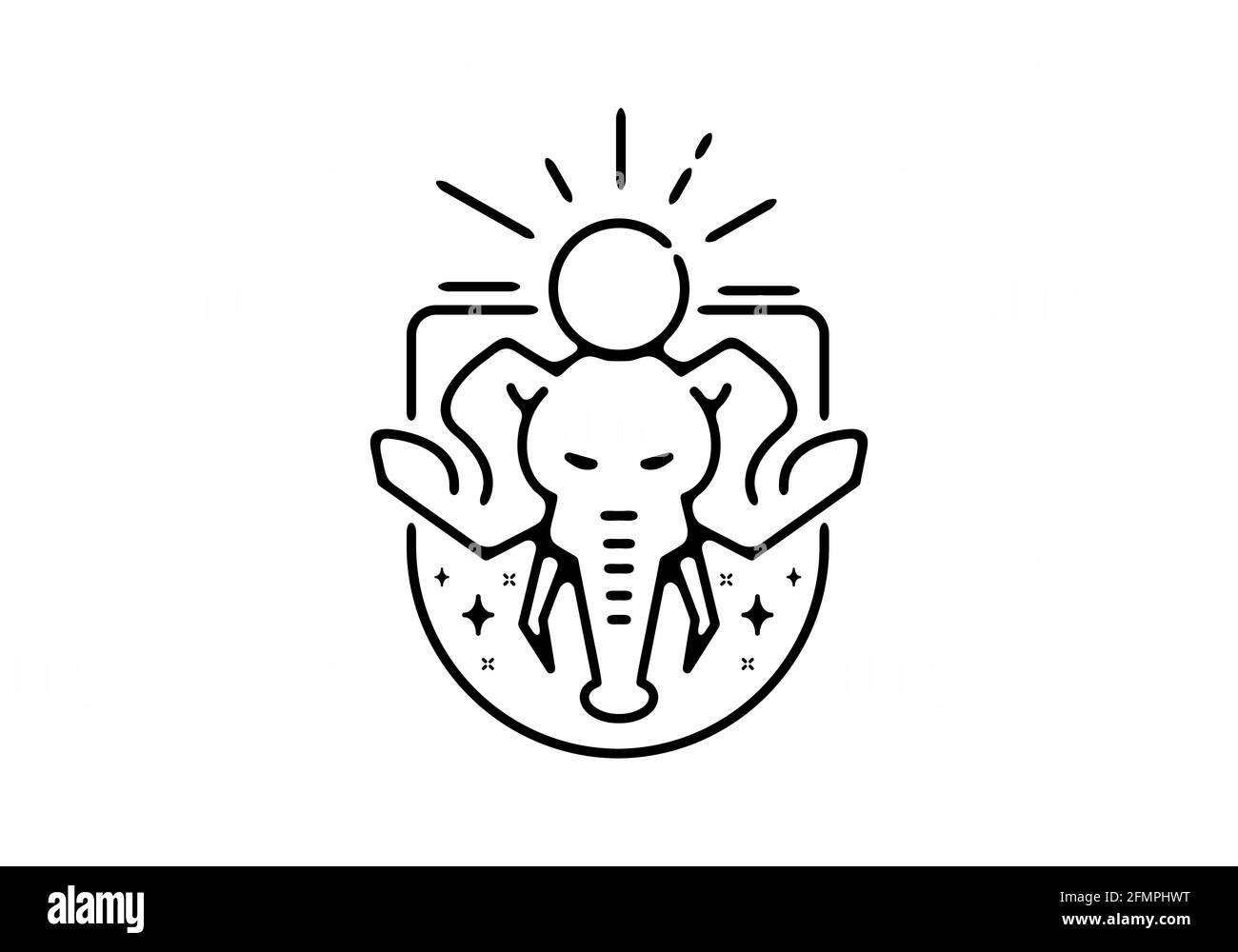 Black line art illustration of elephant head and sun design Stock Vector
