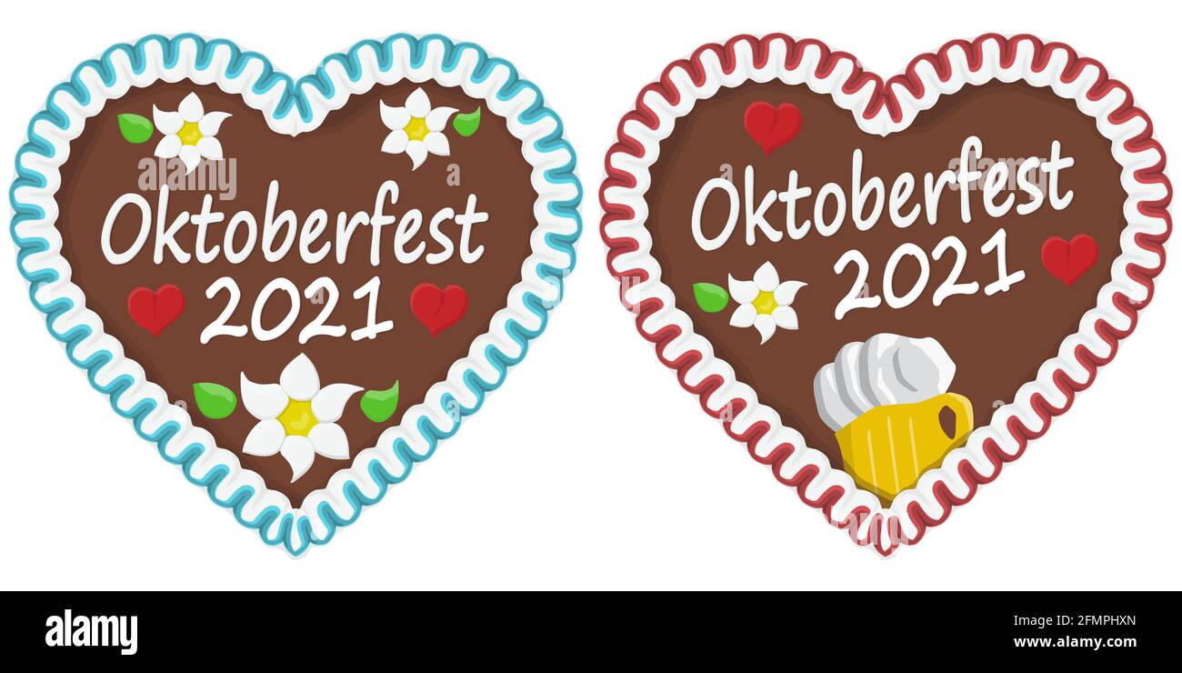 illustrated gingerbread hearts with text in german for Oktoberfest 2021 2022 time Stock Vector