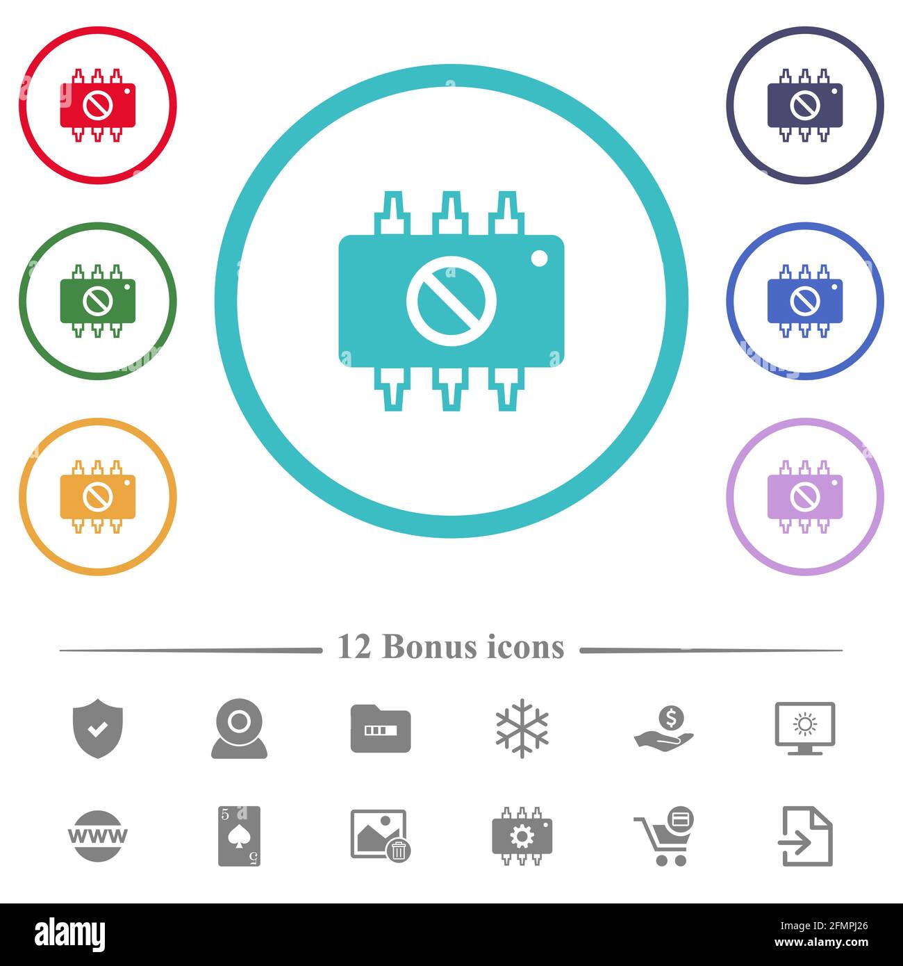 Hardware disabled flat color icons in circle shape outlines. 12 bonus ...