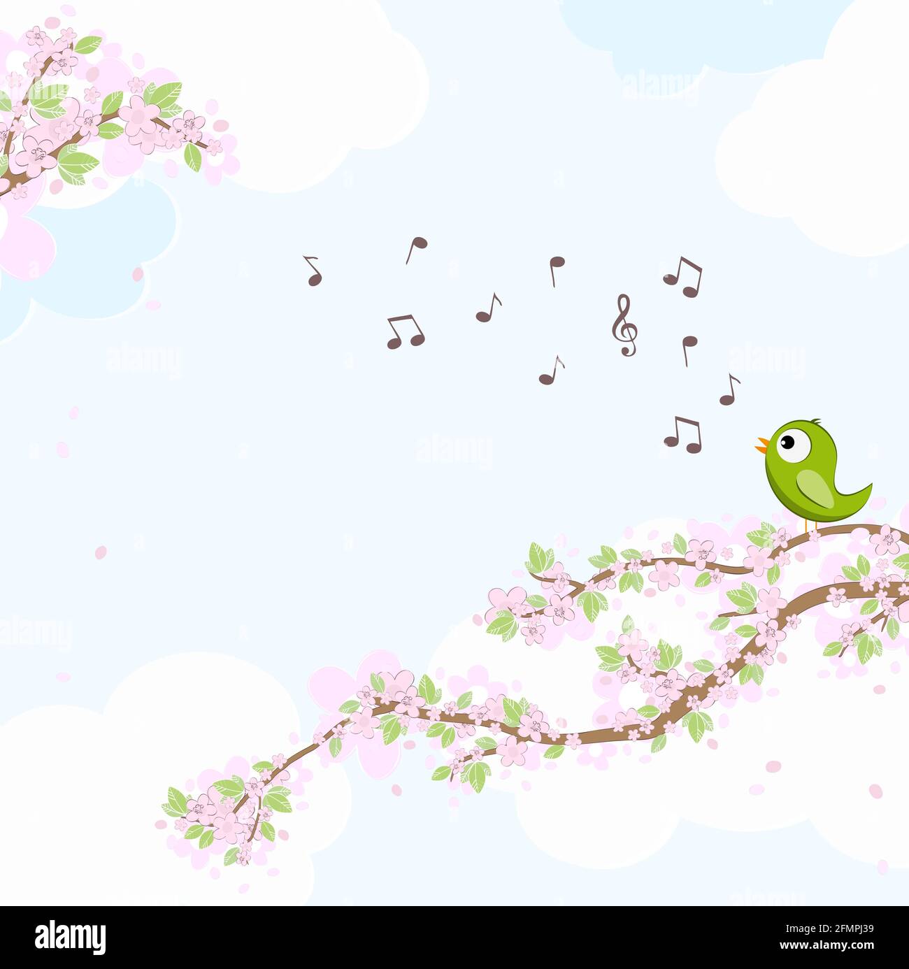 eps vector file with green colored bird in love, sitting on branches with blossoms and green leaves in spring time, singing with musical notes, backgr Stock Vector