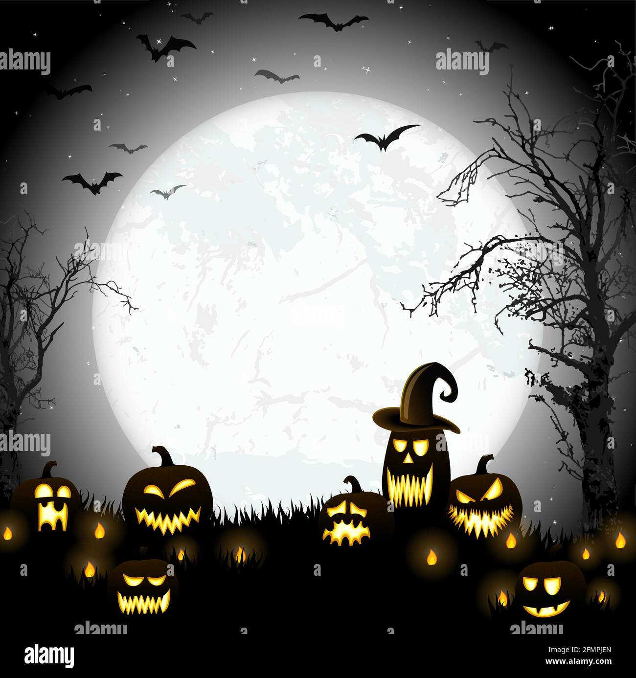 spooky halloween dead tree with some scary pumpkins in front of an full moon with bats Stock Vector
