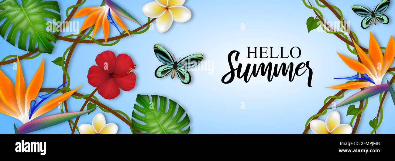Hello summer banner with tropical flowers, leaves and butterflies Stock Vector