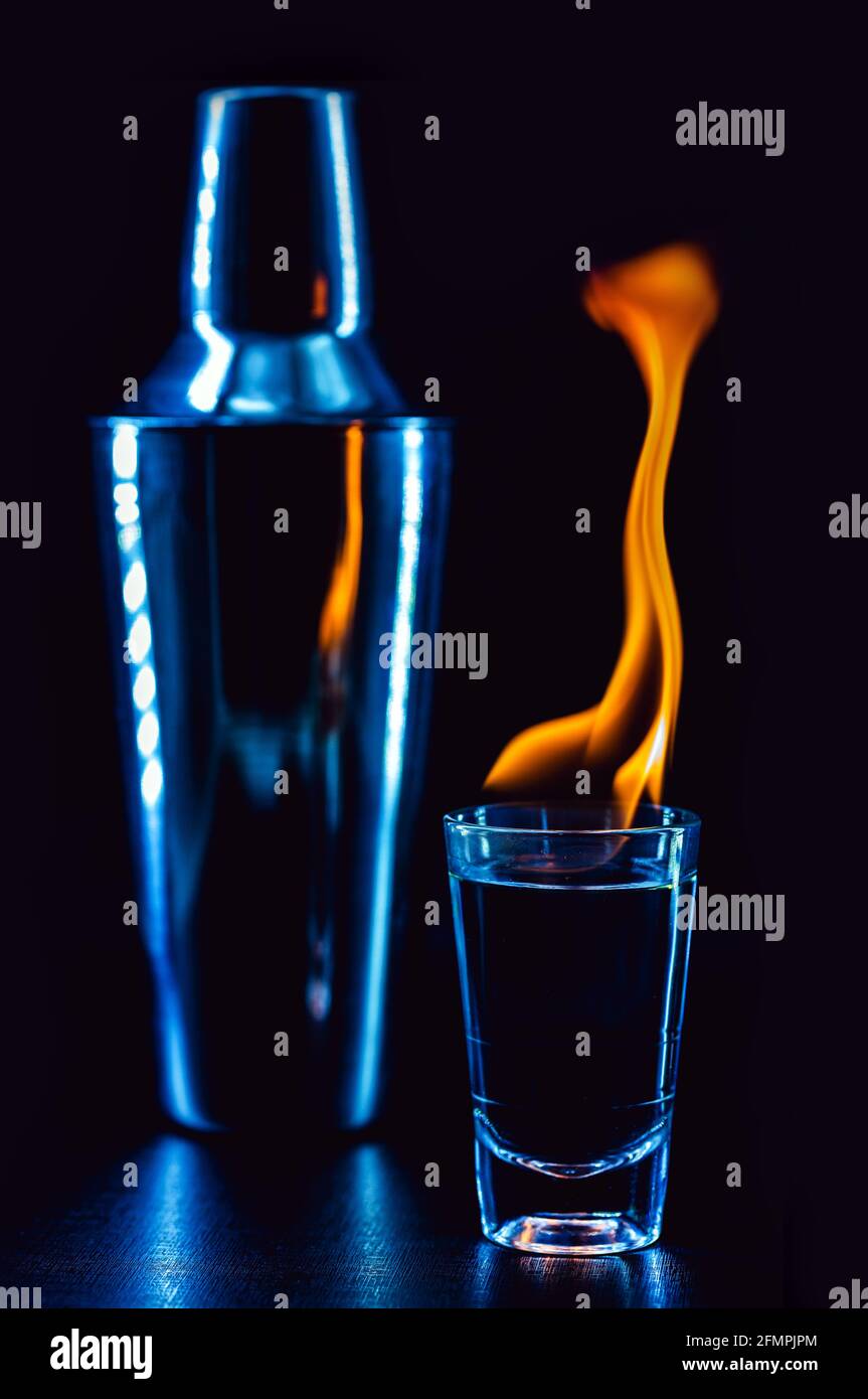 dose of burning burning drink, dose of alcoholic drink with fire Stock Photo