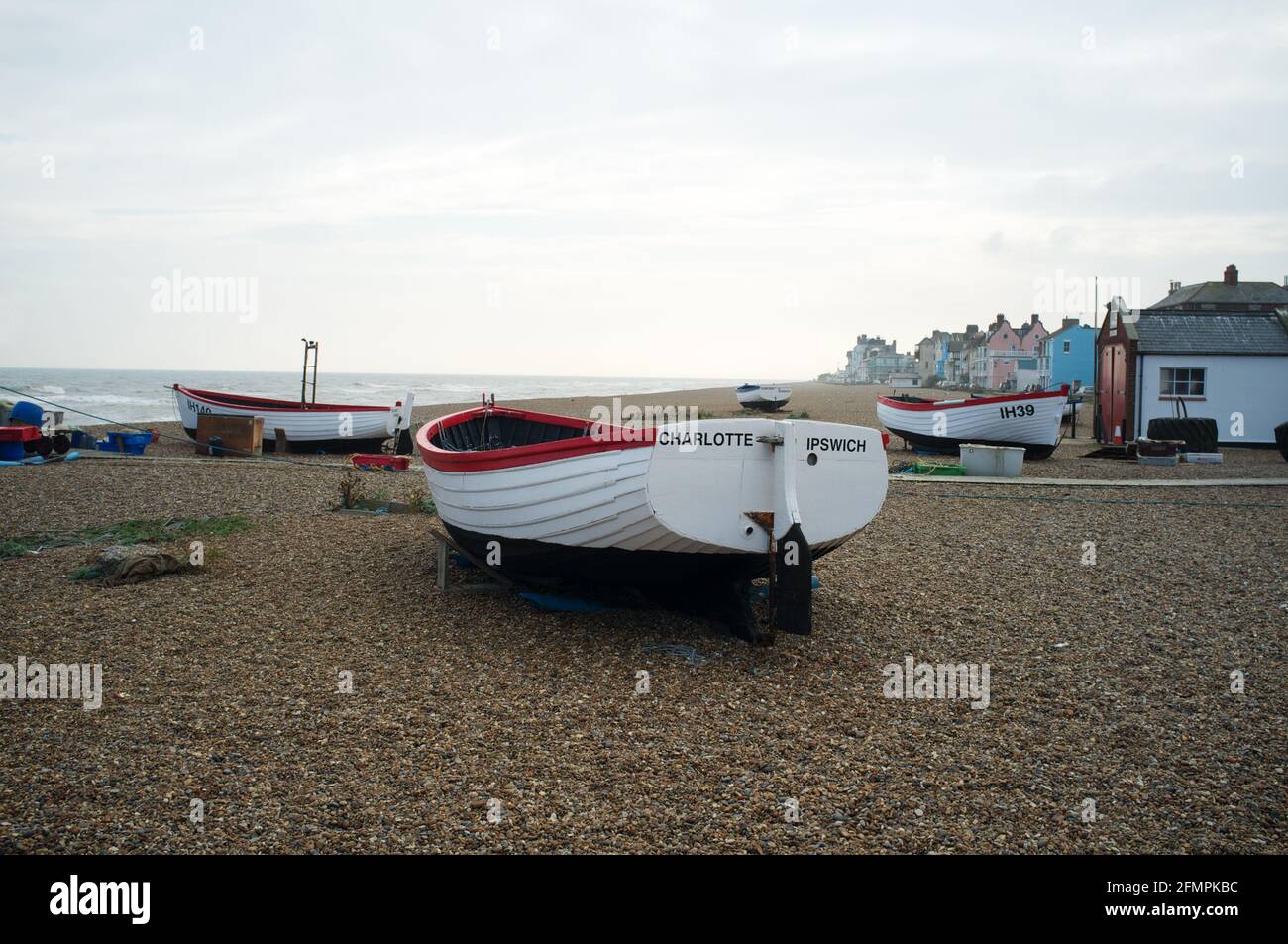 traditional open top wooden fishing boats Aldeburgh Suffolk UK Stock Photo