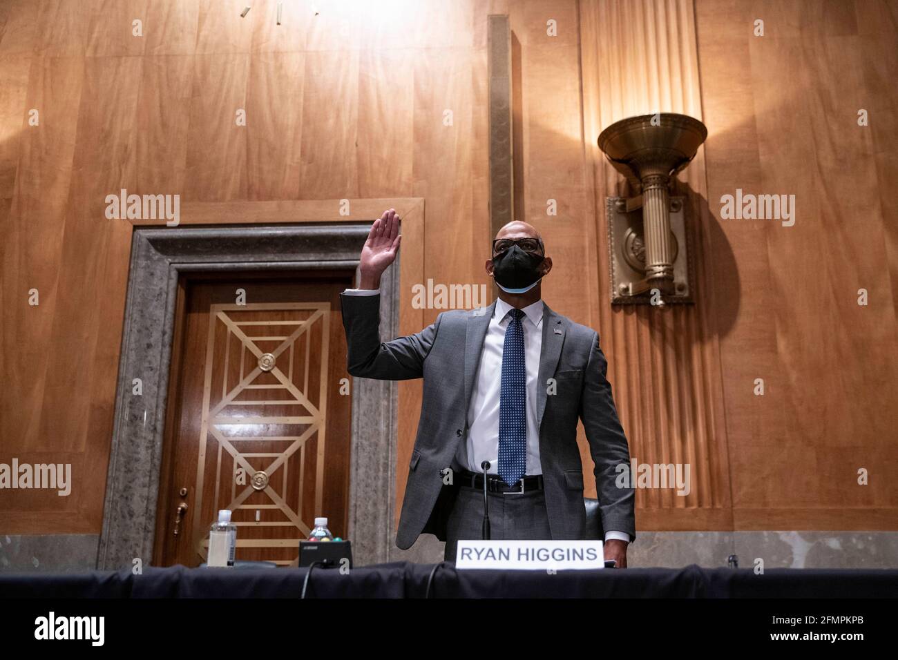 Washington, USA. 11th May, 2021. Ryan Higgins, chief information security officer at the U.S. Department of Commerce, is sworn in to testify before the Senate Homeland Security and Governmental Affairs Committee in Washington, DC, U.S., on Tuesday, May 11, 2021. The hearing is titled 'Prevention, Response, and Recovery: Improving Federal Cybersecurity Post-SolarWinds.' (Photo by Sarah Silbiger/Pool/Sipa USA) Credit: Sipa USA/Alamy Live News Stock Photo