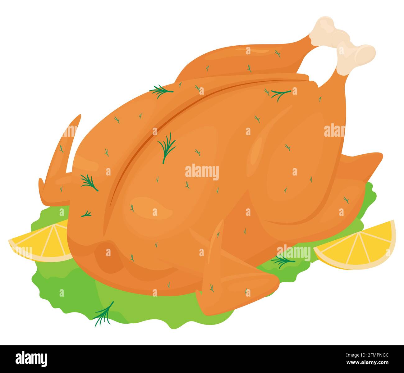 Whole stuffed fried, roasted chicken with orange crispy crust, cartoon vector illustration isolated on white background. Delicious meat dish with seas Stock Vector