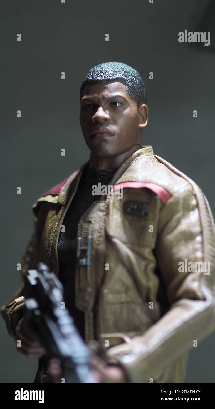 Bangkok Thailand. April 30 2018. Star Wars figure. Finn standing and his weapon. Finn toy figures characters model. Starwars Hasbro action figure. Stock Photo