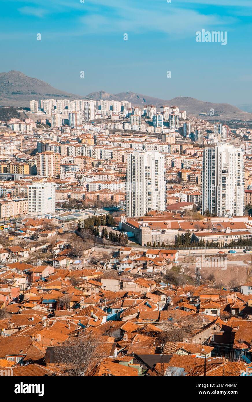 Ankara, Turkey - March 12, 2021 - aerial view of the city of Ankara with informal houses and modern residential areas seen from Ankara Castle Stock Photo