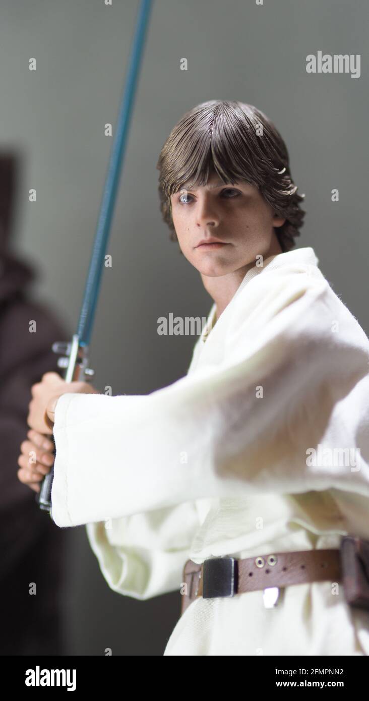 Bangkok Thailand. April 30 2018. Star Wars figure. Luke Skywalker standing with his sword Jedi lightsaber. Luke Skywalker toy figures characters model Stock Photo