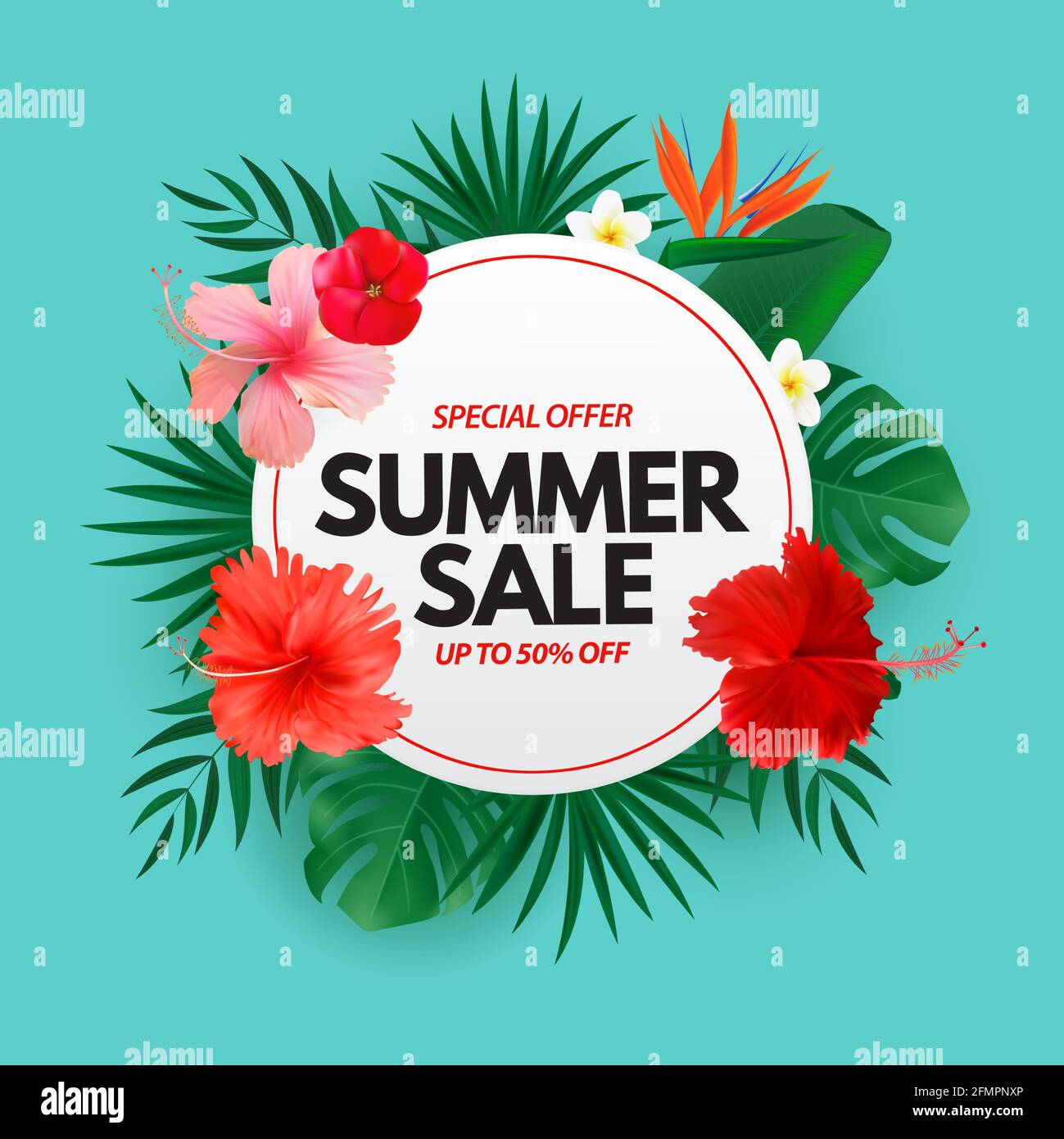Summer sale poster. Natural Background with Tropical Palm and Monstera ...