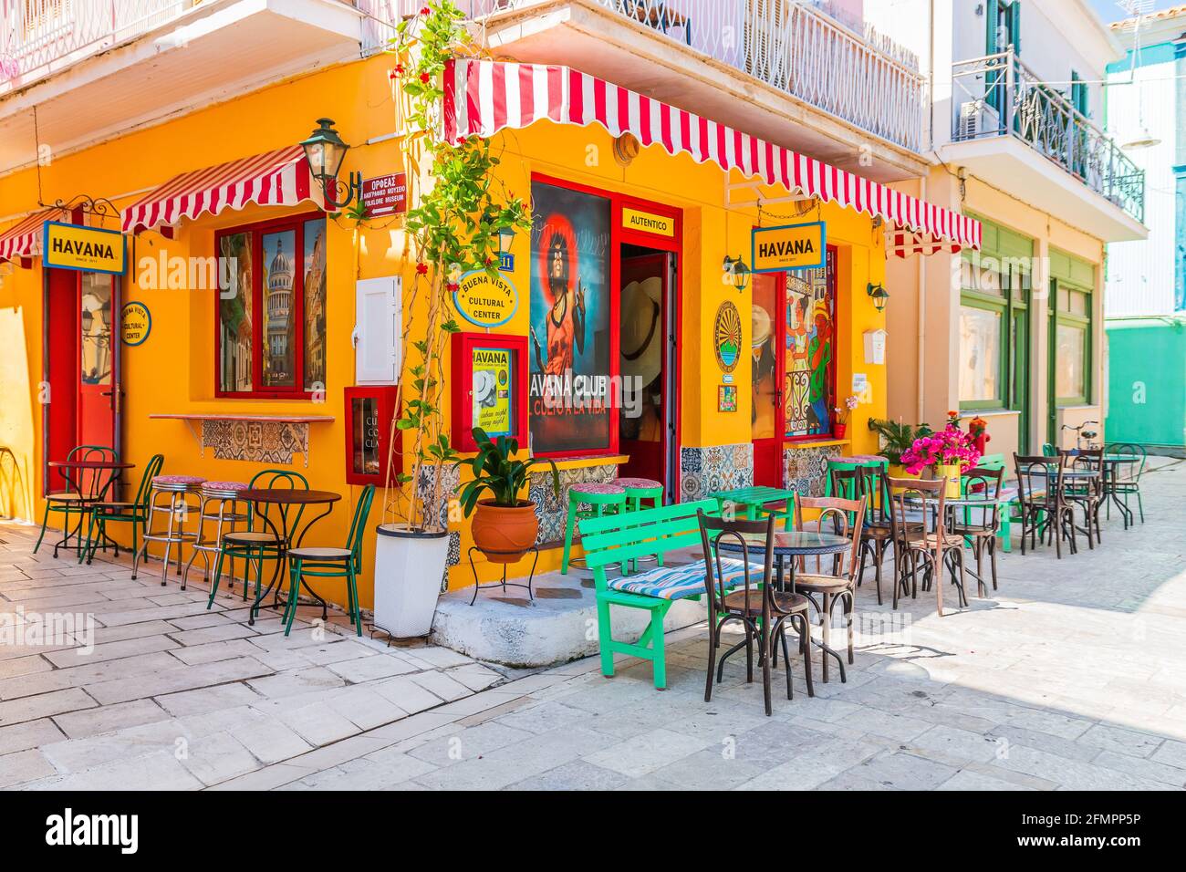 Lefkada, Greece - July 20, 2020: Street bar in the old town of Lefkada city. Stock Photo