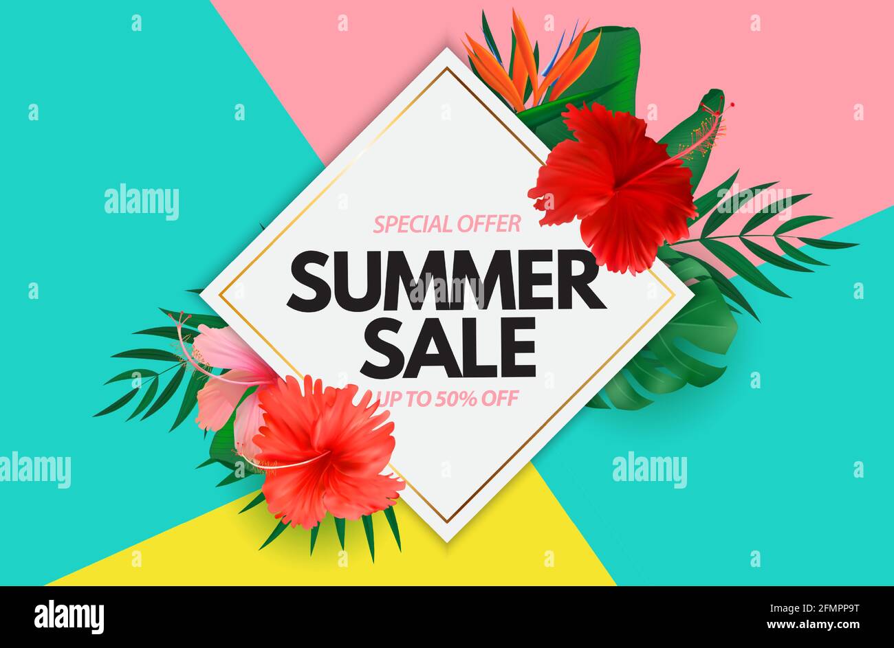 Summer sale poster. Natural Background with Tropical Palm and Monstera ...